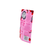 The back of a pink stand-up pouch package, showing nutrition facts, a fire warning label, and a barcode, isolated on a white background.