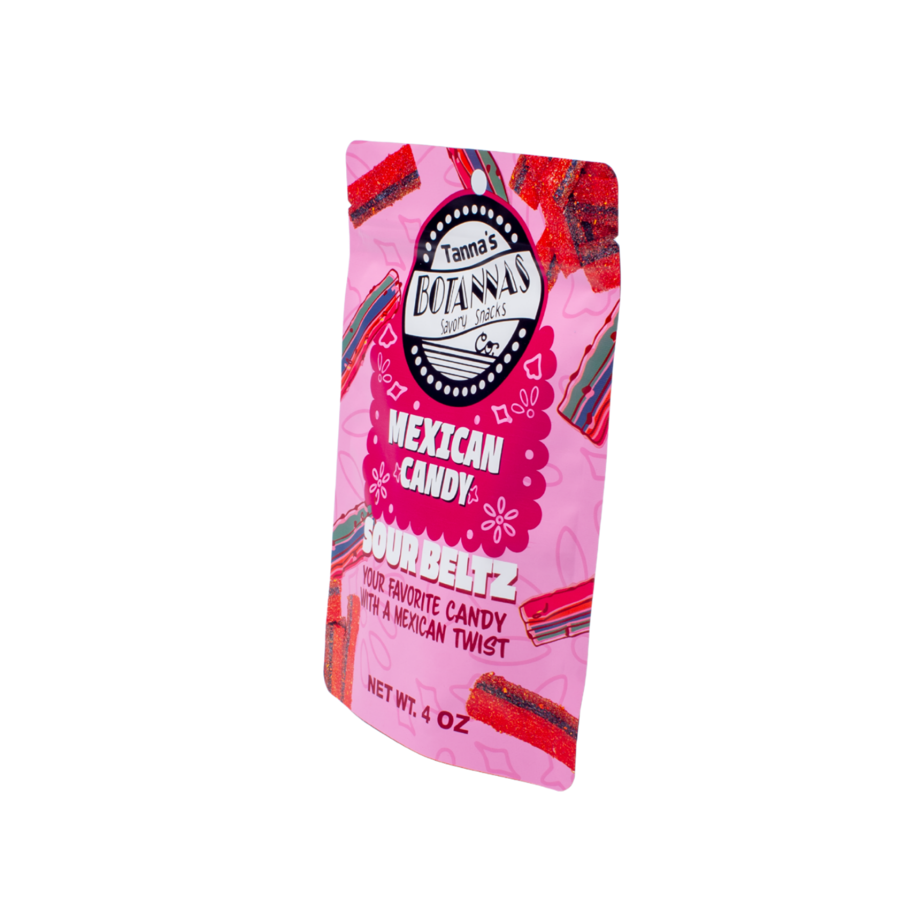 A pink stand-up pouch of Tama's Botanica Sourbeltz Mexican Candy, featuring a black and white circular logo and colorful illustrations of candy bars on a white background.